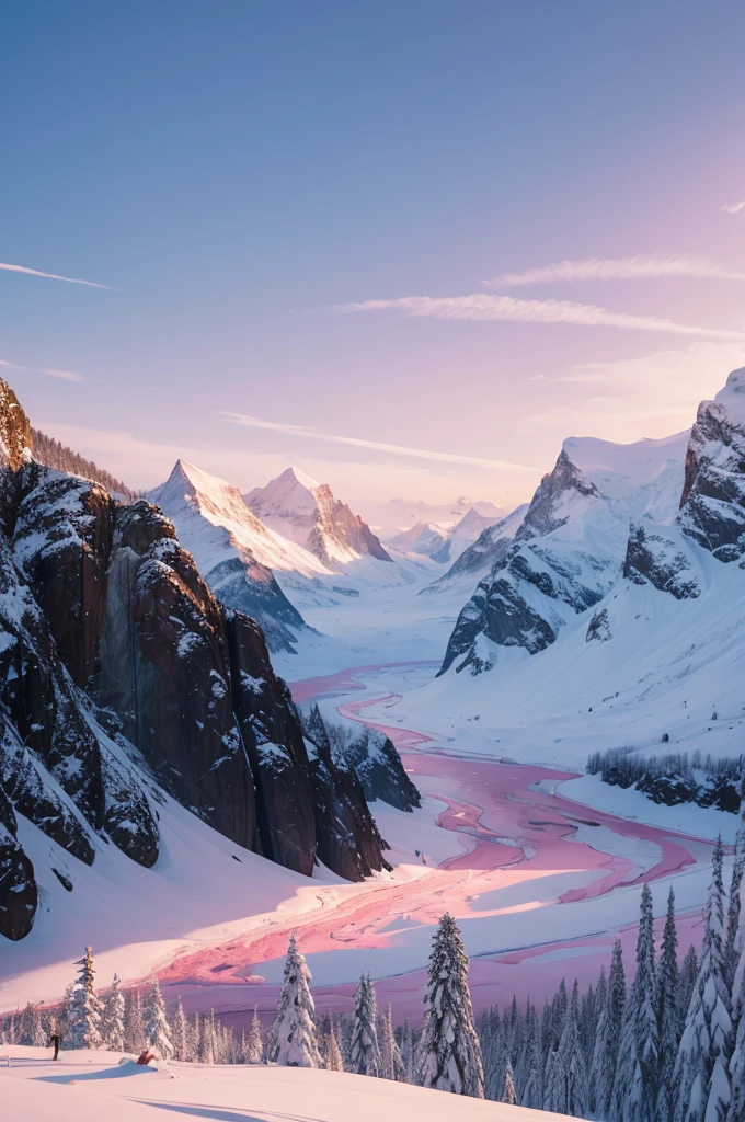 Create a realistic pink flag with this information: Nevalândia Land of snow, a country with snow-covered landscapes and cold weather.