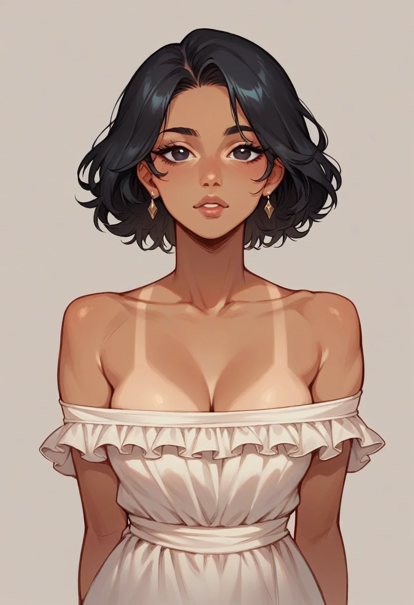 Beautiful tan girl with black eyes color, black hair color,