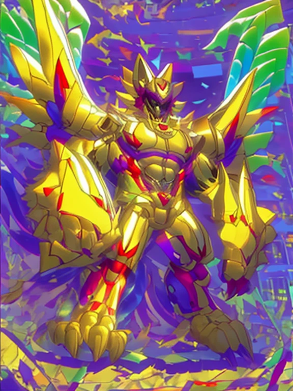 (masterpiece. official art. 8k. best quality. detailed full body. full body.)
(situation 1 : dominating The Phoenix Wolf. The Phoenix Wolf is over 1000 meters long. focus GIANT mechanical Muscular The Phoenix Wolf is trampling the car. Looking down.)
(situation 2 :smoke and flames rising from the destruction in the city)
(Additional details 1: Wearing golden Armor. Cape. Helmet. real texture material. whole body shines like metal. emphasizes the muscles. suit fully made of metal.Robotic suit).
(Additional details 1.5: The arms are golden. The lower half of the body is golden. The wolf-shaped helmet has sharp fangs. The whole body is golden. There is a ring above the head. It has rainbow-colored wings.).
(Additional details 2: Detailed head. Detailed Body. Detailed abs. gigantic muscles. HYPER MUSCLES. Gigachad Muscular. big muscle. pecs. triceps. traps. unusually developed muscular body. body full of huge muscles. showing off muscles. pectorales enormes. Exaggeratedly huge muscles. huge muscles. long legs.).
(Additional details 3:Spread wings. It has wings. The claws are sharp. Sharp teeth.). He is laughing defiantly. The claws are sharp. Sharp teeth.).
(Additional details 3.5 : nj5furry, He is laughing defiantly. medieval armor.). (Additional details 4: golden hyper penis. hyper golden penis. big penis)