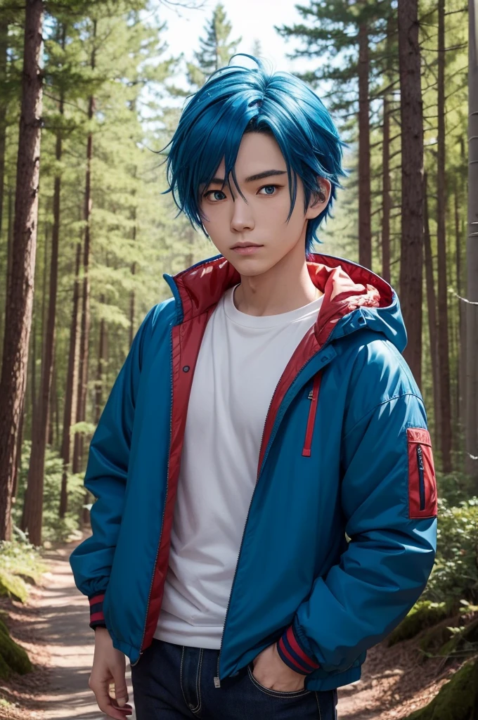 I would like you to create an anime character, just like Subaru Natsuki. although, he is a little different, having blue hair, a red jacket, blue eyes and a forest background in daylight.
