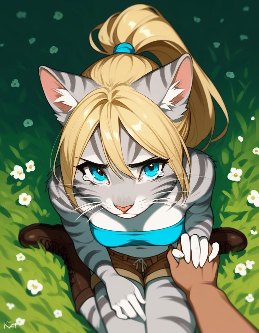 Solo, score_9,score_8_up,score_7_up, source_furry, kat, Anthro furry feline, blue eyes, blonde hair, (ponytail hair), pink nose, :3, white whiskers, silver fur, grey stripes, furry body, wearing blue bandeau, brown short shorts, brown boots, on her knees, w sitting, sniffling, sad expression, tearing up,  on a grassy field, outdoors at night, pov, pov human viewer, from above, Birds Eye view, pov viewer is holding her hand, hand holding