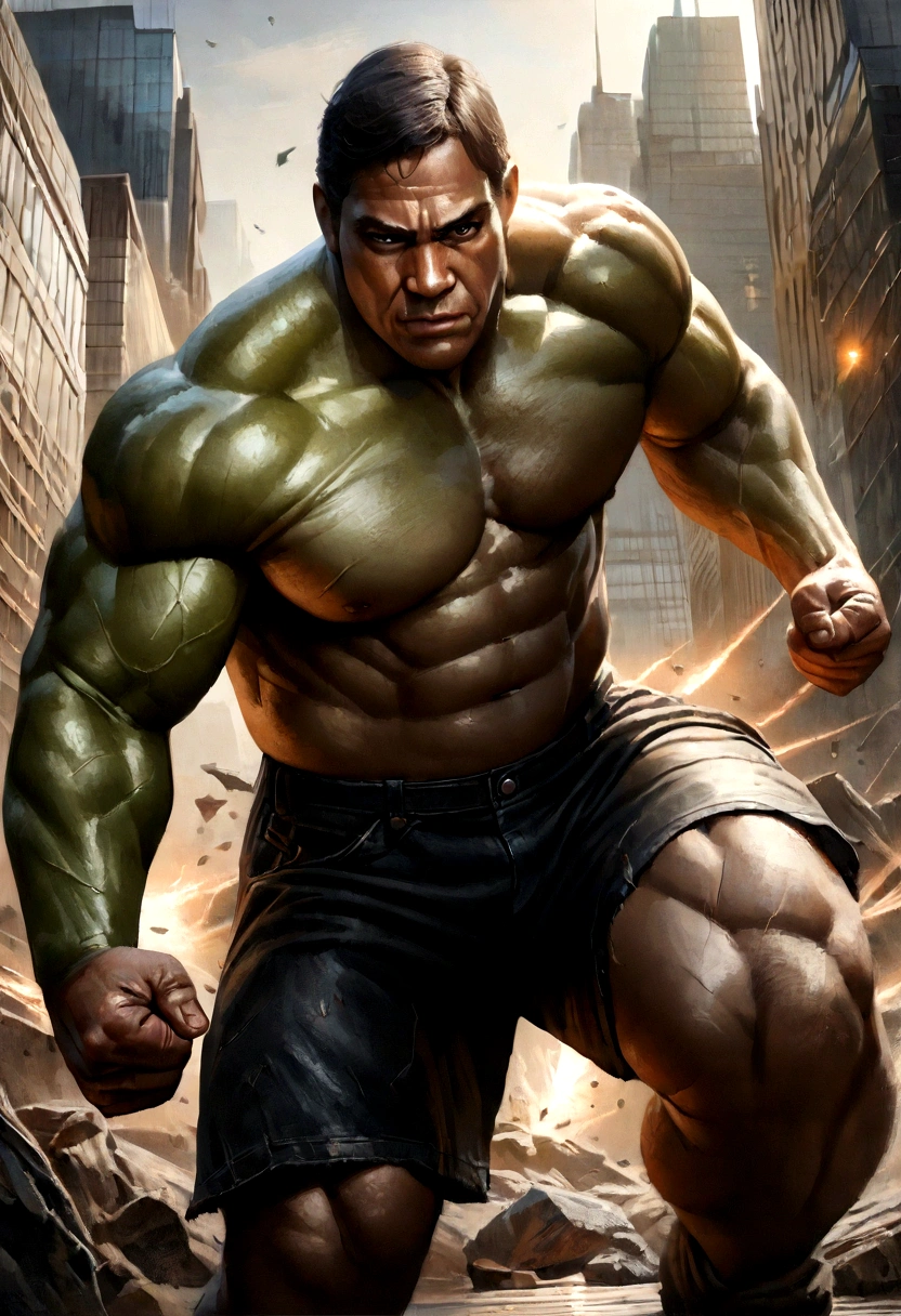 (best quality,4k,8k,highres,masterpiece:1.2),ultra-detailed,(realistic,photorealistic,photo-realistic:1.37),Hulk,Marvel comics,strong and muscular body,ripped clothing,green skin,angry expression,fists clenched,massive appearance,destructive power,Marvel superhero,Midtown Manhattan,New York City,skyscrapers in the background,dark and intense atmosphere,dramatic lighting,comics-style art,explosive action,dynamic poses,vibrant colors,shattered debris,fury and power emanating from the Hulk,emotionally charged intensity,action-packed scene,epic confrontation,sensational illustration.