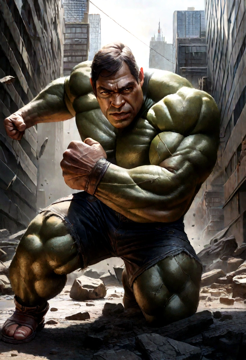 (best quality,4k,8k,highres,masterpiece:1.2),ultra-detailed,(realistic,photorealistic,photo-realistic:1.37),Hulk,Marvel comics,strong and muscular body,ripped clothing,green skin,angry expression,fists clenched,massive appearance,destructive power,Marvel superhero,Midtown Manhattan,New York City,skyscrapers in the background,dark and intense atmosphere,dramatic lighting,comics-style art,explosive action,dynamic poses,vibrant colors,shattered debris,fury and power emanating from the Hulk,emotionally charged intensity,action-packed scene,epic confrontation,sensational illustration.