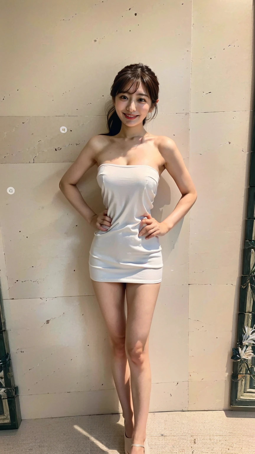 (8K、RAW Photos、Highest quality、masterpiece:1.2)、(Realistic、Realistic)、1 Girl、((Completely naked:1.2、Thin legs、whole body、View from the front、smile、Looking into the camera、Stand with hands on hips))、cute