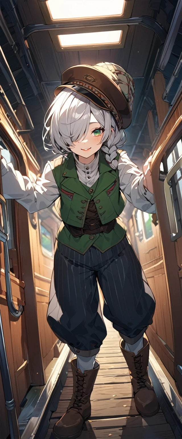 BREAK Perfect Anatomy、(High resolution:1.2)、Incredible illustrations、(Cute illustrations:1.2)、()(cinematic angle,ceiling,solo focus,)
(Beautiful background(Passage inside the train))
1girl((male focus,tom girl)(a girl, 1.7meters, 45kg,,dark skin:1.6,green eyes,silver hair,hair over one eye,long french braid,lipstick)(light smile)
(tyrolean hat,rail road man's coat,Vest jacket with lines
slacks,workman's boots)