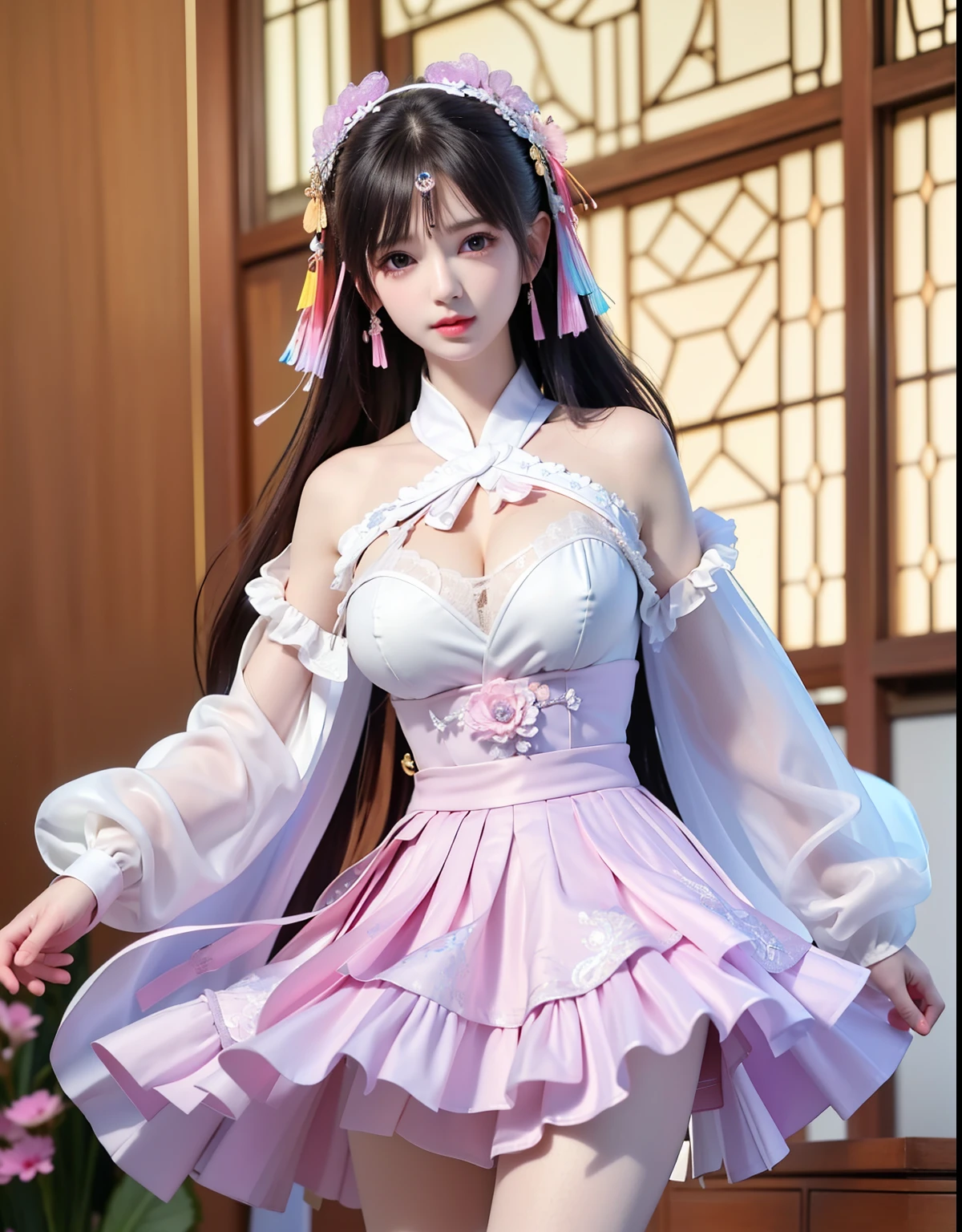(8k, RAW photo:1.2), best quality, ultra high res,dramatic angle,(fluttered detailed color splashs), (illustration),(((1 girl))),(long hair),(rain:0.9), (Headdress:1.4),There is an ancient palace beside the girl,Hanfu,(Key Points),Color ink painting,(Splash of Color),Splash of Color,(((colorful))),(sketch:0.8) , Masterpiece, best quality, beautiful painted, highly detailed,(denoising:0.6),[splash ink],((ink refraction)), (beautiful detailed sky),moon,highly,detaild,(masterpiece, best quality, extremely detailed） CG Unity 8k Wallpaper，masterpiece，best quality，Ultra Detailed），（Lycoris）.shoulder ballet dress open V-chested clothes Thin silk lace dress short skirt , (huge ，cleavage),, white pink, blue ，best qualtiy，tmasterpiece，Ultra-high resolution，（Reality：1.4），RAW photogr，（True skin texture：1.3），（filmgrain：1.3），（Selfie angle），1个Giant Breast Girl，Beautiful eye and face details，tmasterpiece，Best quality at best，，The chest more exposed， detailed hair, bra pink purple , detail 8k, full body, lace petticoat, fan handle