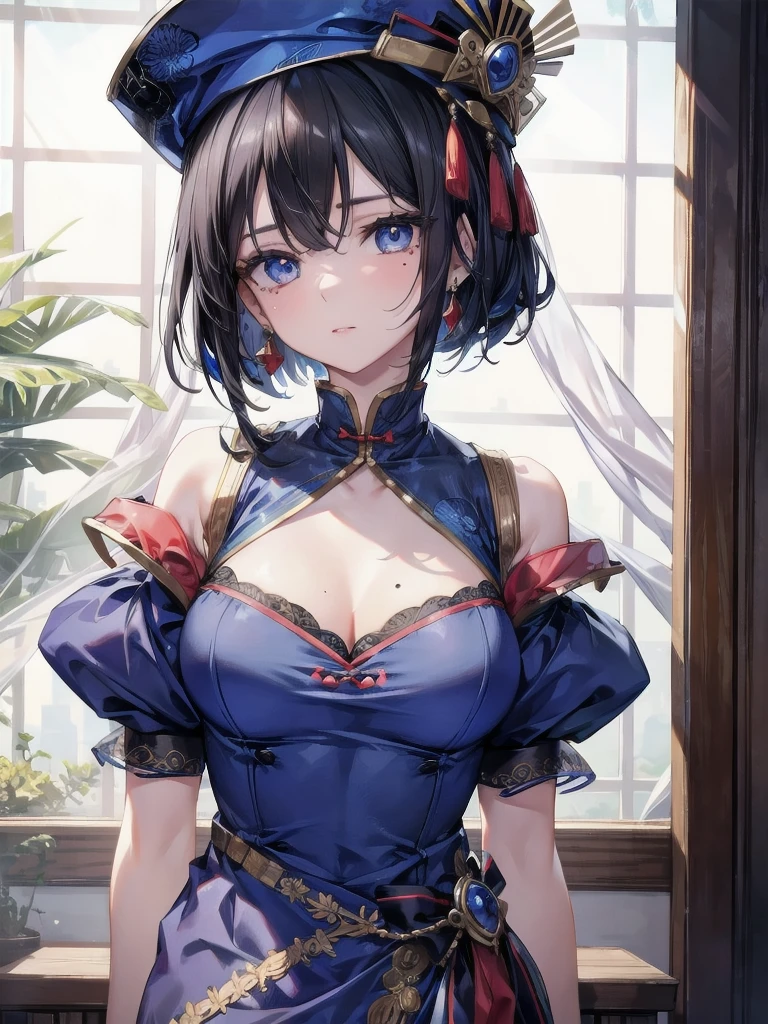 absurdres, RAW photo, extremely delicate and beautiful, masterpiece, Best Quality, ultra high resolution, 32k, hyperrealistic, ultra-detailed, in her 20s, delicate facial features, beautiful detailed girl, extremely detailed eyes and face, beautiful detailed eyes, tearful mole, earring, medium breasts, full body shot, shorter middle hair, black hair, jiangshi costume, hat, blue dress,