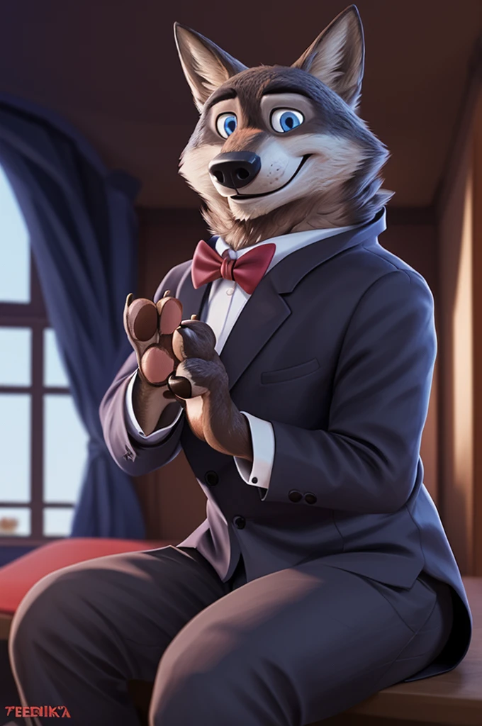 Larry (Zootopia), wolf, Gray Fur, (brown body:1.3), beautiful blue eyes, Zootopia, dressed,burgundy blazer,pink shirt,trousers,the bow tie, canine,wolf, detailed fur, male, second, paw pads, finger claws,одевает the bow tie, Games,At the viewer, 5 fingers, paws, 4 toes, in the wedding palace, groom, next to my stepfather, белый wolf,
BREAK from nextel, for dating, by xenoforge, (difficult, high detail,digital photography, soft focus, RAW, close to the camera, smile, positive, Good, mood, Houses, looks at the viewer, очень close to the camera танцевальный зал, dancing tango,dance teacher, finger ring, is sitting.
Photorealism, realistic, photorealistic,digital style, Subsurface scattering,очень close to the camera
шедевр, Best quality, ultra realistic, 8 thousand.)