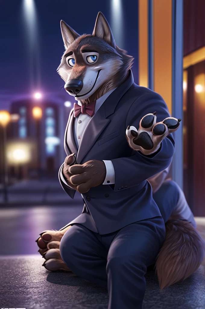 Larry (Zootopia), wolf, Gray Fur, (brown body:1.3), beautiful blue eyes, Zootopia, dressed,burgundy blazer,pink shirt,trousers,the bow tie, canine,wolf, detailed fur, male, second, paw pads, finger claws,одевает the bow tie, Games,At the viewer, 5 fingers, paws, 4 toes, in the wedding palace, groom, next to my stepfather, белый wolf, 
BREAK from nextel, for dating, by xenoforge, (difficult, high detail,digital photography, soft focus, RAW, close to the camera, smile, positive, Good, mood, Houses, looks at the viewer, очень close to the camera танцевальный зал, dancing tango,dance teacher, finger ring, is sitting. 
Photorealism, realistic, photorealistic,digital style, Subsurface scattering,очень close to the camera
шедевр, Best quality, ultra realistic, 8 thousand.)