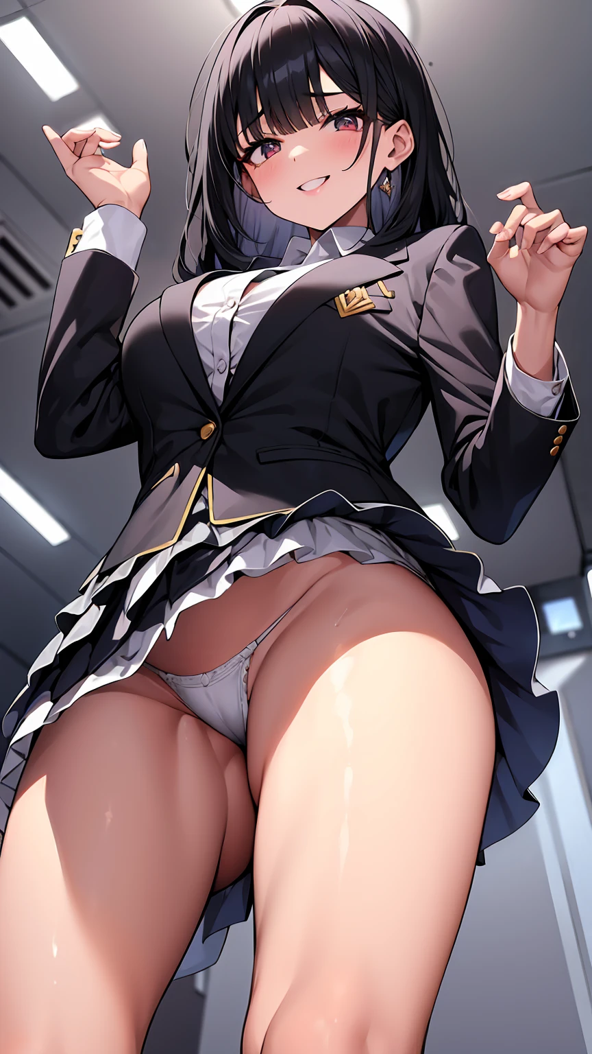 One Girl, Five Fingers, mini skirt, Looking down at the viewer, Black Hairロングヘアー, Highest quality, Focus on the thighs, Dynamic pose, smile, blazer, blouse, barefoot, Standing Split, classroom, Black Hair, Stylish pose,My thighs and groin are steamy 、Luxurious pure white panties