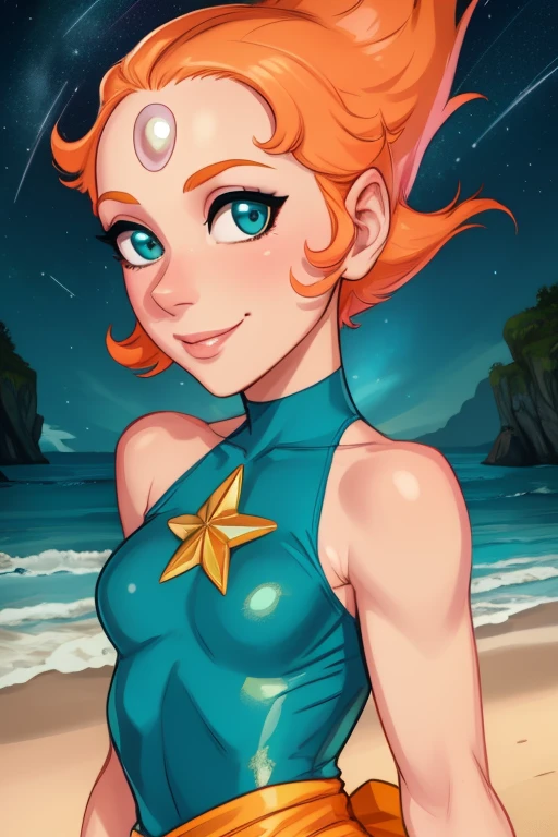 Pearl,short orange hair, forehead jewel, half-open eyes,  pointy hair, pointy nose, 
,Blue leotard with tiny gold star on front,  teal sash, yellow bike shorts, pink socks, bare shoulders ,sleeveless, nighttime, beach, stars,
 (insanely detailed,beautiful detailed face, masterpiece, best quality) 
 standing, smiling , solo, upper body