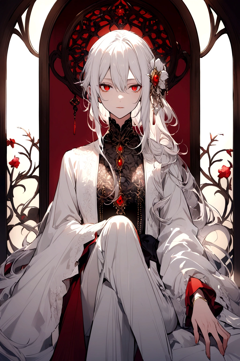 A character with knee-length white hair and red eyes who is male