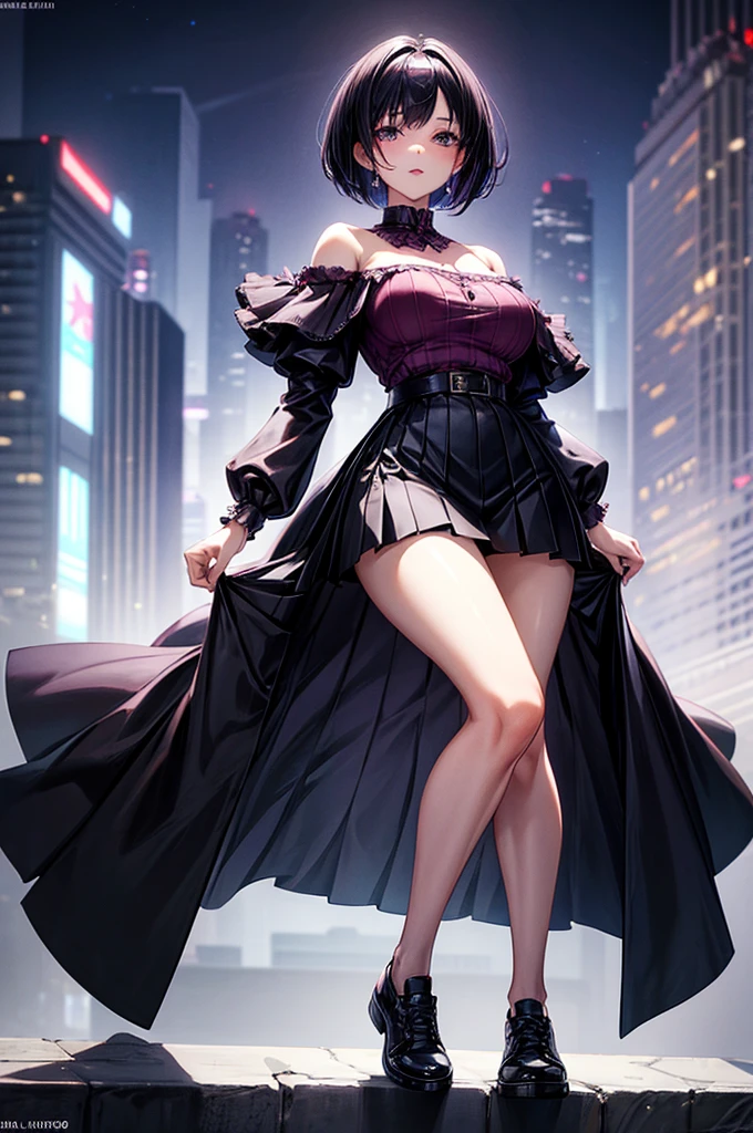 masterpiece, best quality, distinct image, 1 girl, 16 year old teenager, off shoulder stylish crop blouse, pleated and elegant skirt, knee length socks and sneakers, solo. sharp facial features, oval shaped face, cherry pink lip, lightly tanned white skin, velvet-colored eyes, tall height(175cm), slim yet chiseled body-type, dark violet-black hair, short pixie cut hairstyle, long and slender legs, curvy wide hips stretching the dress, full body image, nightlife city background, overlooking the horizon