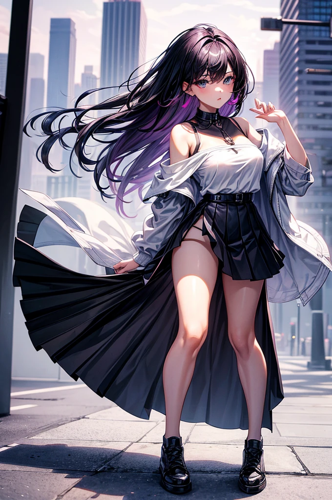 masterpiece, best quality, distinct image, 1 girl, 16 year old teenager, off shoulder stylish crop blouse, pleated and elegant skirt, knee length socks and sneakers, solo. sharp facial features, oval shaped face, cherry pink lip, lightly tanned white skin, velvet-colored eyes, tall height(175cm), slim yet chiseled body-type, dark violet-black hair, short pixie cut hairstyle, long and slender legs, curvy wide hips stretching the dress, full body image, nightlife city background, overlooking the horizon