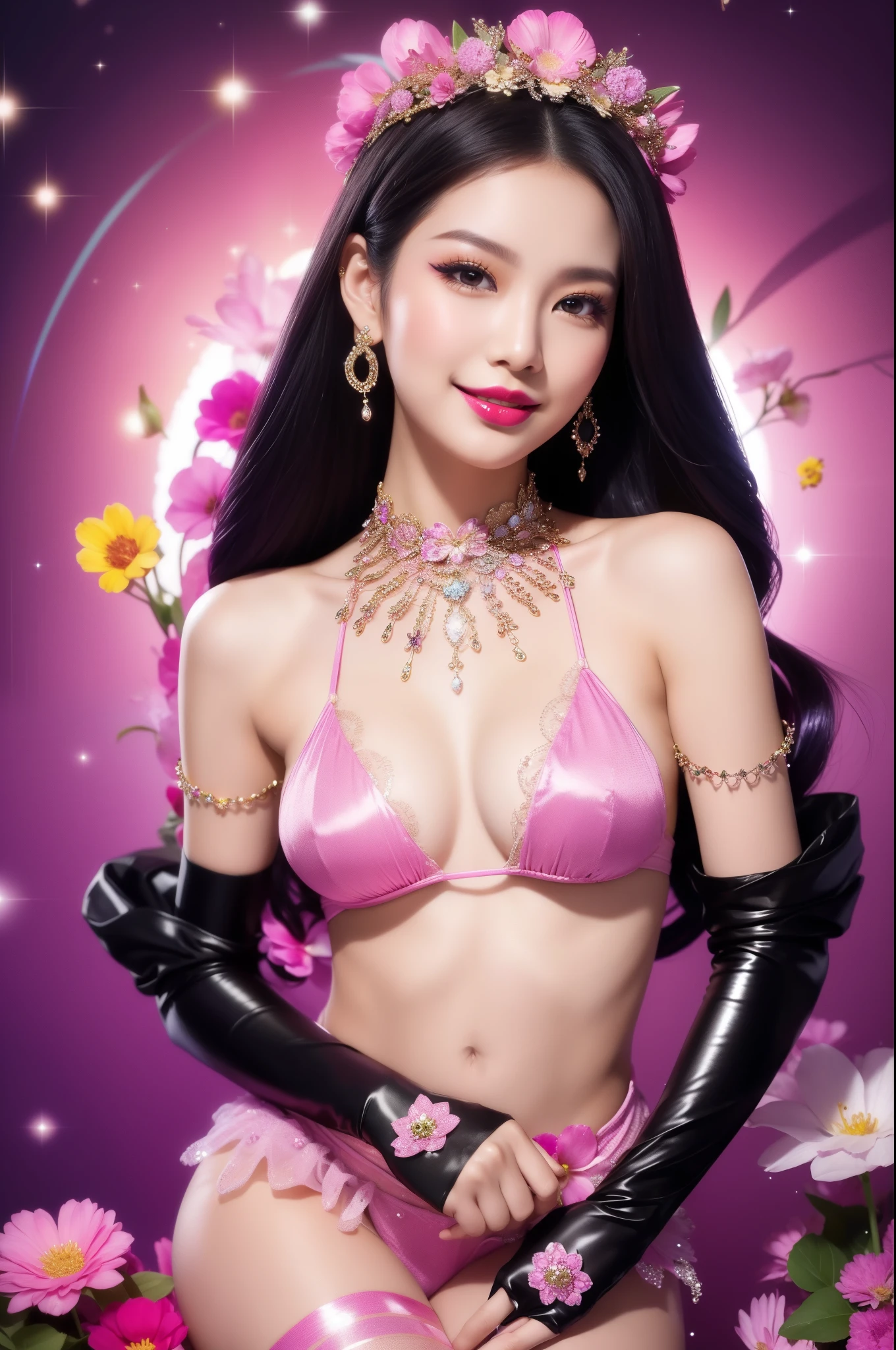 sexy Thai model who controls poison、beautiful smile、lipgloss、bold lipstick、intense makeup、look at the camera、full body Esbian、、sparkling poisoned flower costume、、、、sparkling Colorful hair、secrete poison、skull hair accessories、sexy tights、shiny sparkling flowers background