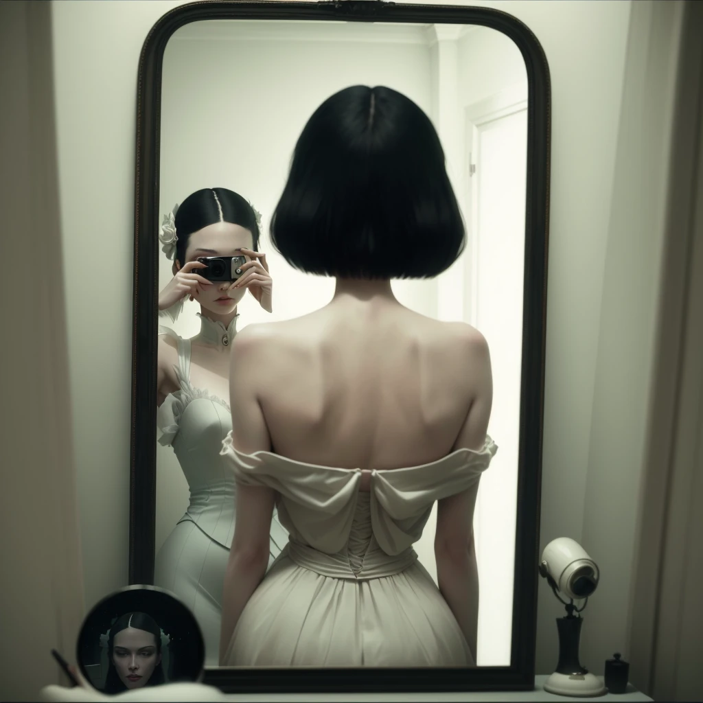 there is a woman taking a picture of herself in a mirror, inspired by Ray Caesar, looking in the mirror, looking in a mirror, looking into a mirror, looking in mirror, inspired by Vanessa Beecroft, with a mirror,  earley, erwin olaf, view from behind mirror, standing in front of a mirror, porcelain skin. studio ghibli