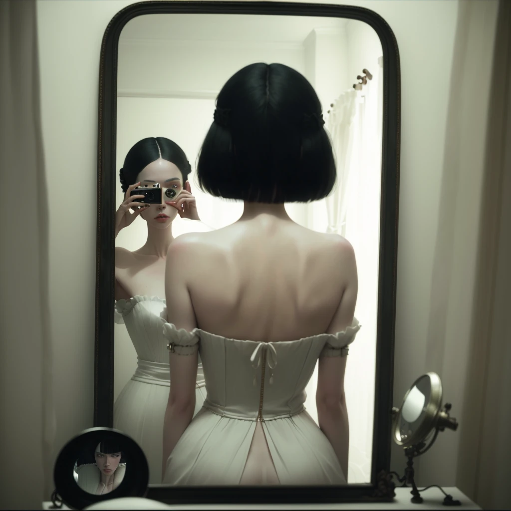 there is a woman taking a picture of herself in a mirror, inspired by Ray Caesar, looking in the mirror, looking in a mirror, looking into a mirror, looking in mirror, inspired by Vanessa Beecroft, with a mirror, earley, erwin olaf, view from behind mirror, standing in front of a mirror, porcelain skin. studio ghibli
