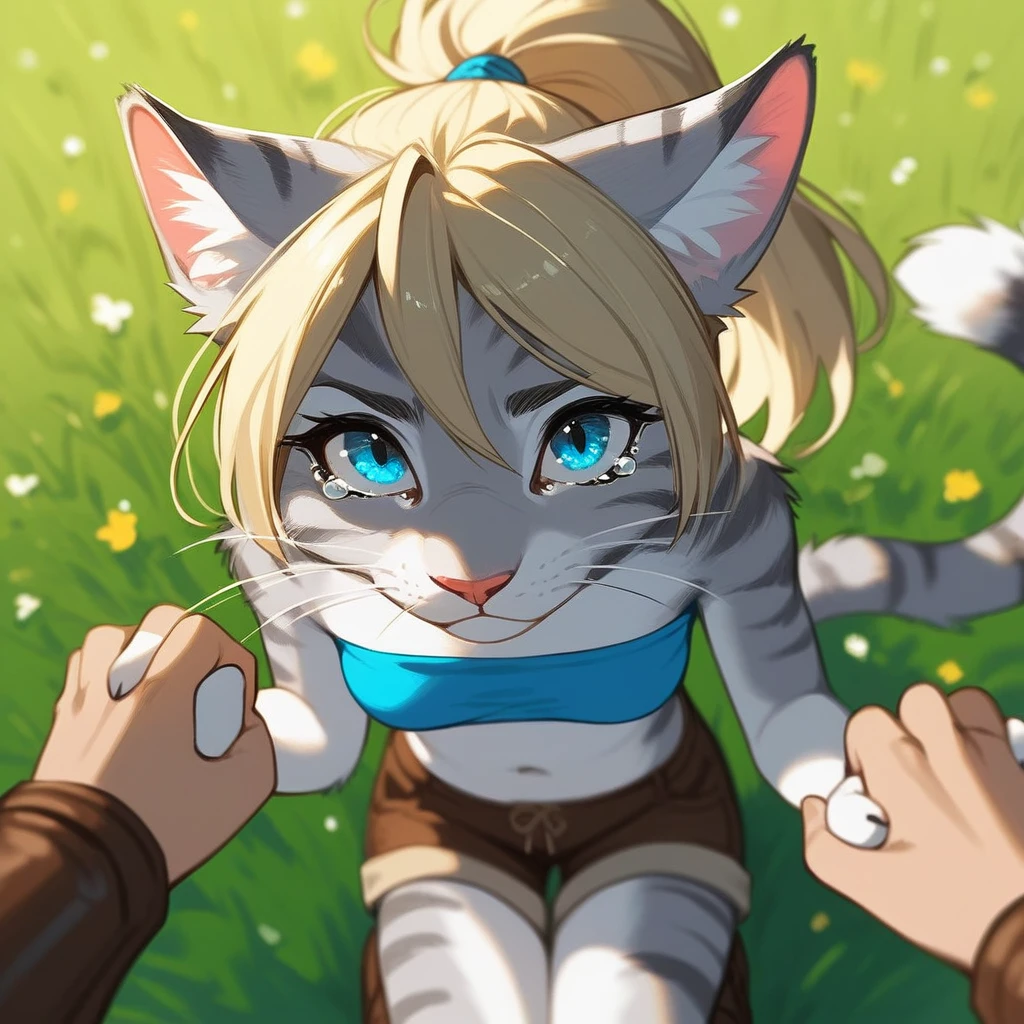 Solo, score_9,score_8_up,score_7_up, source_furry, kat, Anthro furry feline, blue eyes, blonde hair, (ponytail hair), pink nose, :3, white whiskers, silver fur, grey stripes, furry body, wearing blue bandeau, brown short shorts, brown boots, on her knees, w sitting, sniffling, sad expression, tearing up, on a grassy field, outdoors at night, pov, human viewer, from above, Birds Eye view, pov viewer is holding her hand, hand holding