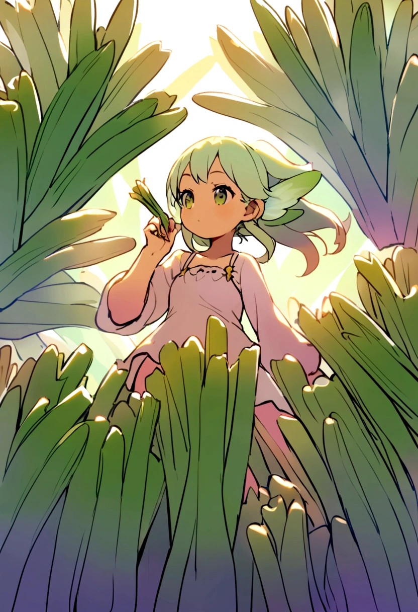 a fairy flying over a pile of Leek, holding one Leek on her hand