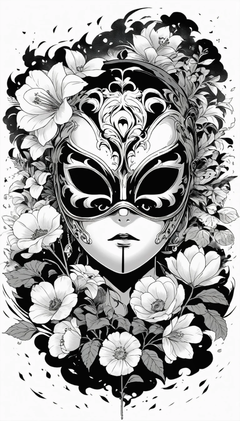 Anime Line Art,Black and White,mask,flower