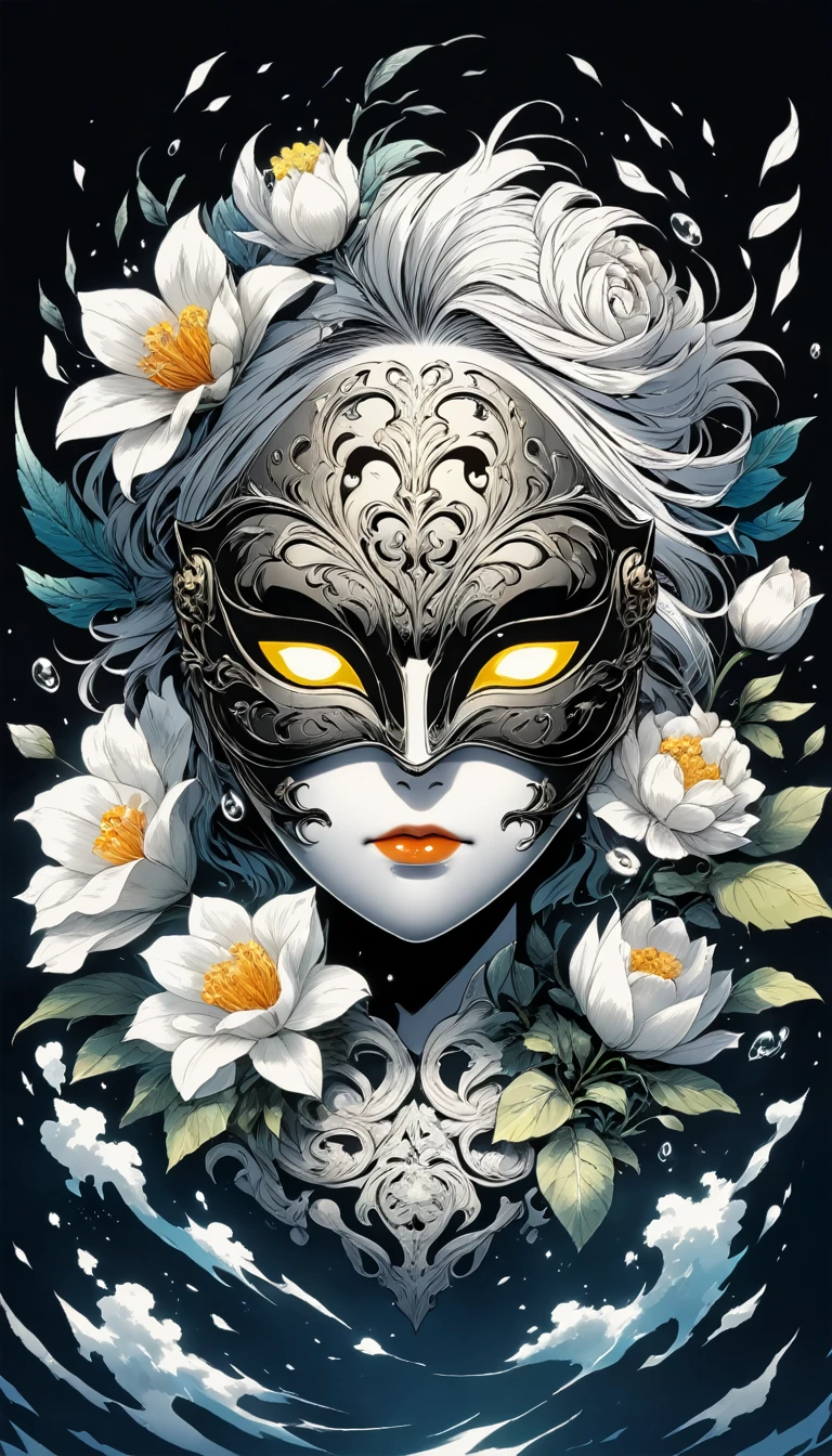 Anime Line Art，Black and White，mask，flower