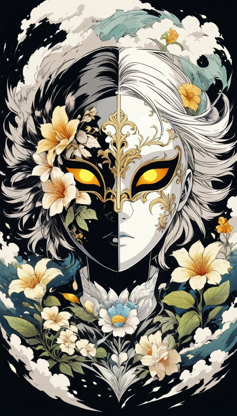 Anime Line Art，Black and White，mask，flower