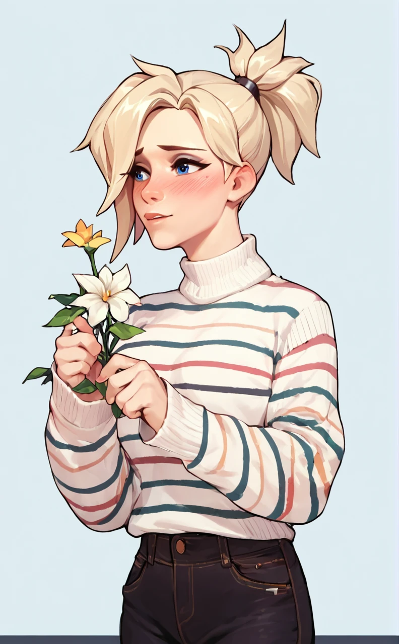 score_9,score_8_up,score_7_up,score_6_up ,source_overwatch score_9, score_8_up, score_7_up, 1woman, solo, mercy \(overwatch\), sweater, dark jeans, flower in hand, blushing