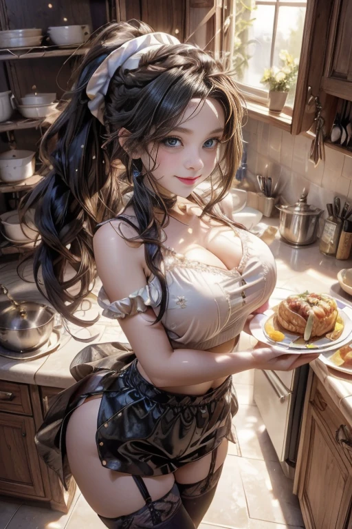 (dynamic angle:1.3, front view:1.1, breast focus:1.3, from above:1.1), (dynamic posing:1.2, sexy posing:1.2), (seductive smiling:1.3), ((holding Pasta on a plate,Taking the pasta out of the pan, worried about the outcome:1.2)),highest quality、(real、photorealistic:1.4),(ultra high resolution, 8K RAW photo, clear focus), best qualtiy, natural lighting, field depth, (Bright pupils, detailed beautiful eyes, high detailed face), Red lip, (tight focus:1.2), a girl 22yo old, Wearing a pastry chef uniform:1.3 , Thicc, thin breast, long hair, blue eyes,garter stocking, cleavage:1.2, midriff, black shorts, black thighhighs, thigh strap, pretty girl, (highly detailed beautiful face and eyes,firm breasts),real skin,((black,hair,long pony tail hair)),thin pubic hair,cute,lovely, detailed eyes,(double breasted:1.0,under bust:1.0),(with sparkling eyes and a contagious smile),open mouth, Looking at Viewer,A scene of make cooking Carbonara Pasta in the kitchen