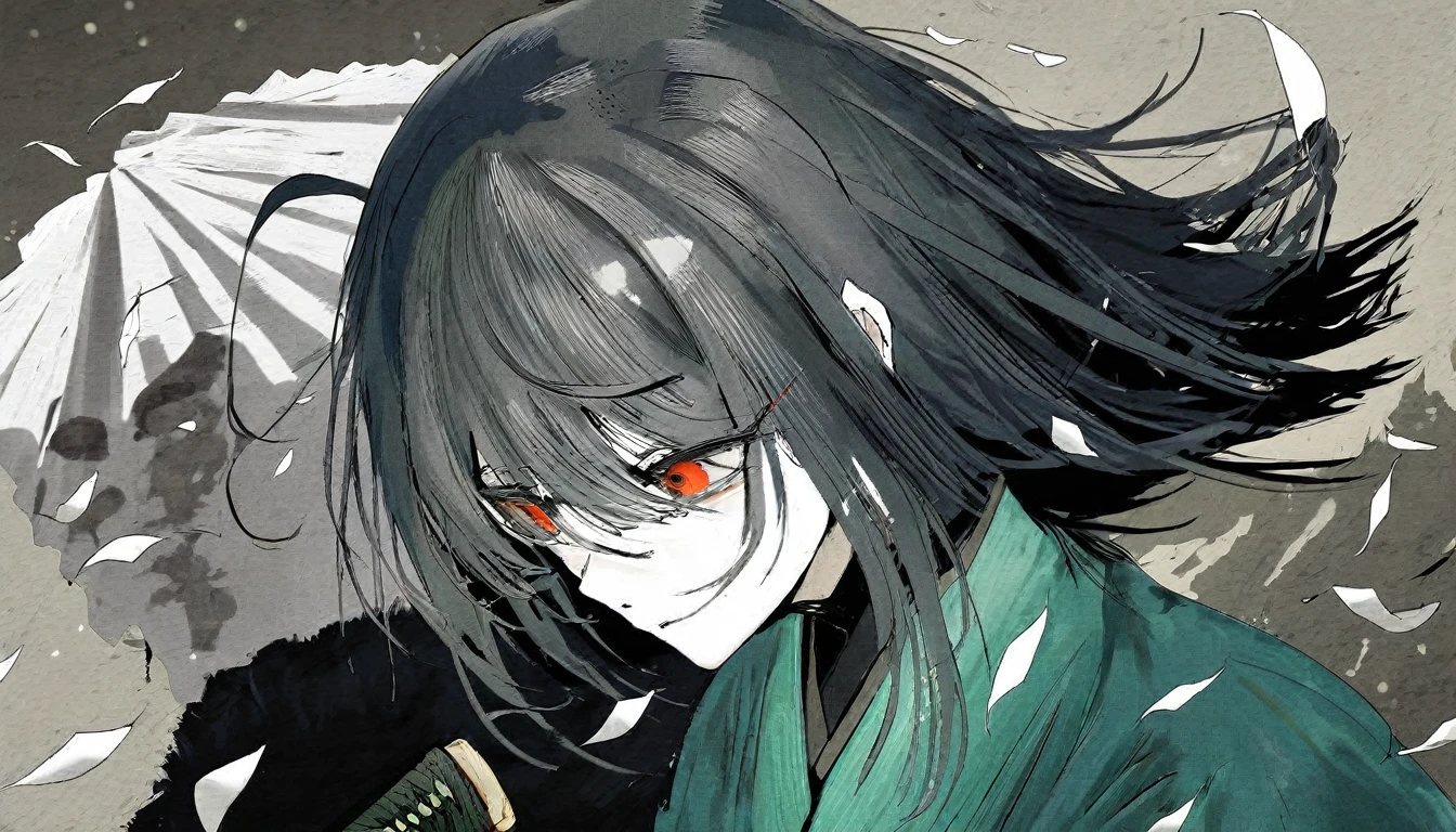 by Demizu Posuka by ziyun,Ninja,knife,
Detailed face paper texture of one girl in kimono,
Look up diagonally,
Slope
(High resolution,
masterpiece,
Highest quality, )