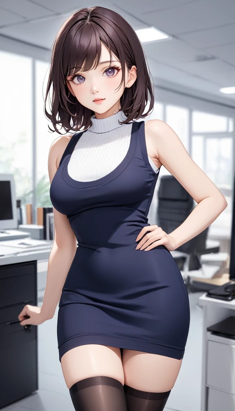 (((masterpiece))),(((High resolution)))、(((8K)))、(((perfect face)))、(((beauty of japan)))、25 years old、(((beautiful face))), (((office))), (((sleeveless sweater))), (((mini pencil skirt))), ((tights)), embarrassed look, look at the camera, top quality eyes, detailed texture, look at the camera, all body, big , Married woman, cool women, (((high resolution eyes)))