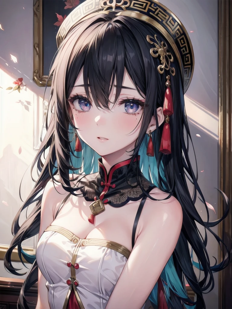 absurdres, RAW photo, extremely delicate and beautiful, masterpiece, Best Quality, ultra high resolution, 32k, hyperrealistic, ultra-detailed, in her 20s, delicate facial features, beautiful detailed girl, extremely detailed eyes and face, beautiful detailed eyes, tearful mole, earring, medium breasts, full body shot, shorter middle hair, black hair, jiangshi,