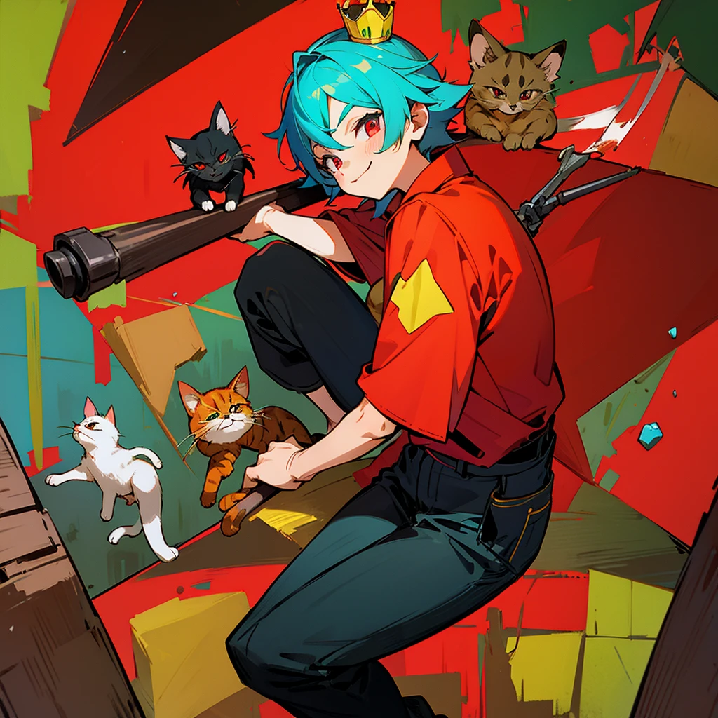Create a boy, a 10-year-old who has a blue, red, green and yellow crown that has the symbol of the reverse of one on the ends and he has some bricklaying tools on his back, a mini kitten on his shoulder, a red shirt with a very cute cat on the print and have black pants and very bright red eyes and a big, beautiful smile