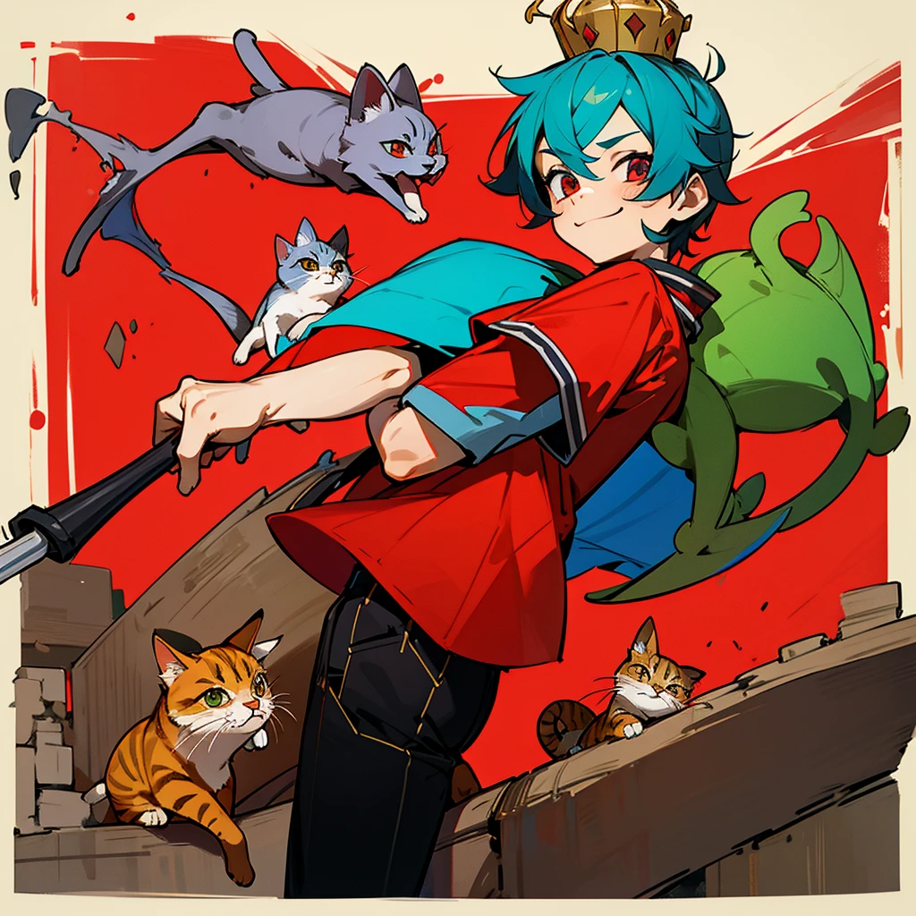 Create a boy, a 10-year-old  who has a blue, red, green and yellow crown that has the symbol of the reverse of one on the ends and he has some bricklaying tools on his back, a mini kitten on his shoulder, a red shirt with a very cute cat on the print and have black pants and very bright red eyes and a big, beautiful smile