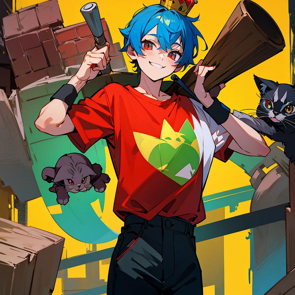 Create a boy, a 10-year-old  who has a blue, red, green and yellow crown that has the symbol of the reverse of one on the ends and he has some bricklaying tools on his back, a mini kitten on his shoulder, a red shirt with a very cute cat on the print and have black pants and very bright red eyes and a big, beautiful smile