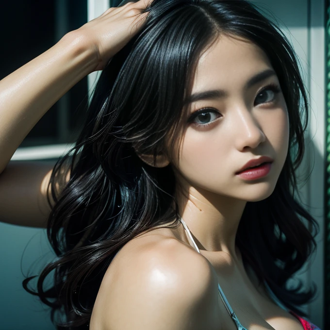 a beautiful young girl in a bikini, extremely detailed face and eyes, highly detailed body, long flowing hair, shallow depth of field, cinematic lighting, soft pastel colors, photorealistic, 8k, best quality, masterpiece, portrait, surreal, dramatic, elegant, serene