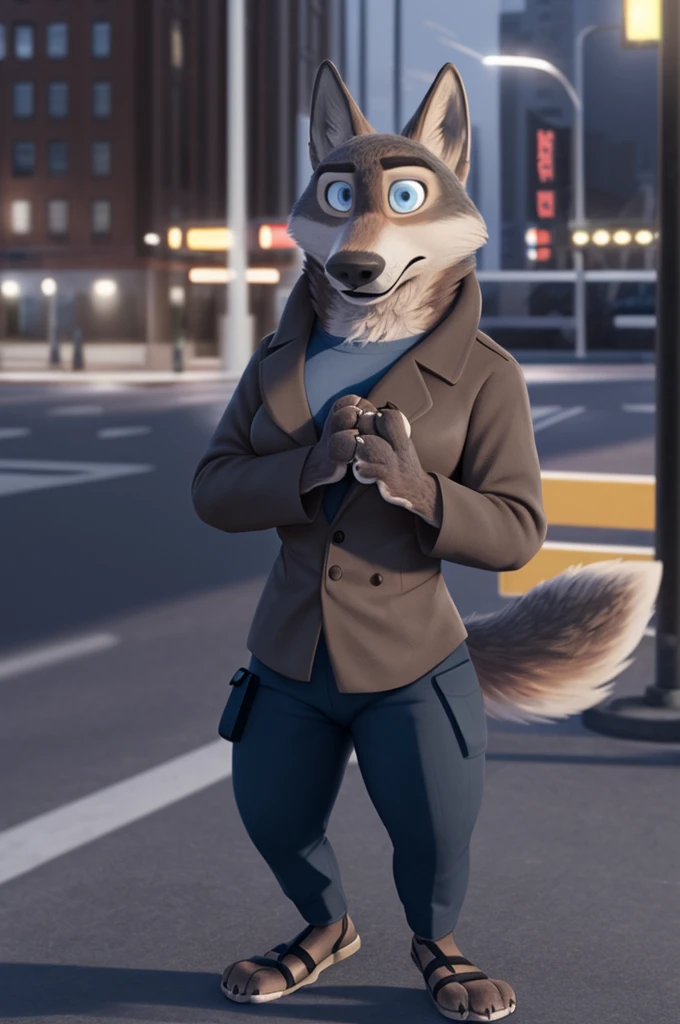Emilia (Zootopia), wolf, Gray Fur, (brown body:1.3), Blue eyes, Zootopia, draw up,pomade, dressed,blue jacket,shirt,blue pants,Sandals with heels, female breast,canine, wolf, detailed fur, Female, second, paw pads, finger claws, At the viewer, 5 fingers, paws, 5 fingers,goes to a woman&#39;shoe shop and chooses heels,mood,open mouth, cameras with flash, loving husband,two children,close to the camera,держит Sandals with heels, 
BREAK from nextel, for dating, by xenoforge, (difficult, high detail, film photography, soft focus, RAW, fluororealism, realistic, photorealistic, digital style, Subsurface scattering,in a woman&#39;shoe shop, 
masterpiece, Best quality, ultra realistic, 8 thousand.)