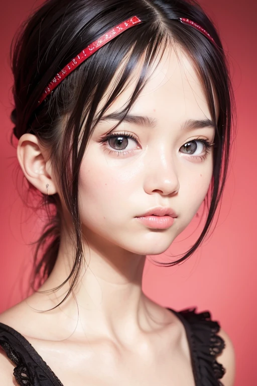 a masterpiece portrait of a beautiful young girl with a small face and a cute expression with a black cat, wearing a red headband, in a , shot with a DSLR camera, high-quality 8k UHD image with realistic skin details, detailed facial features, rim lighting, and a beautiful bokeh background,