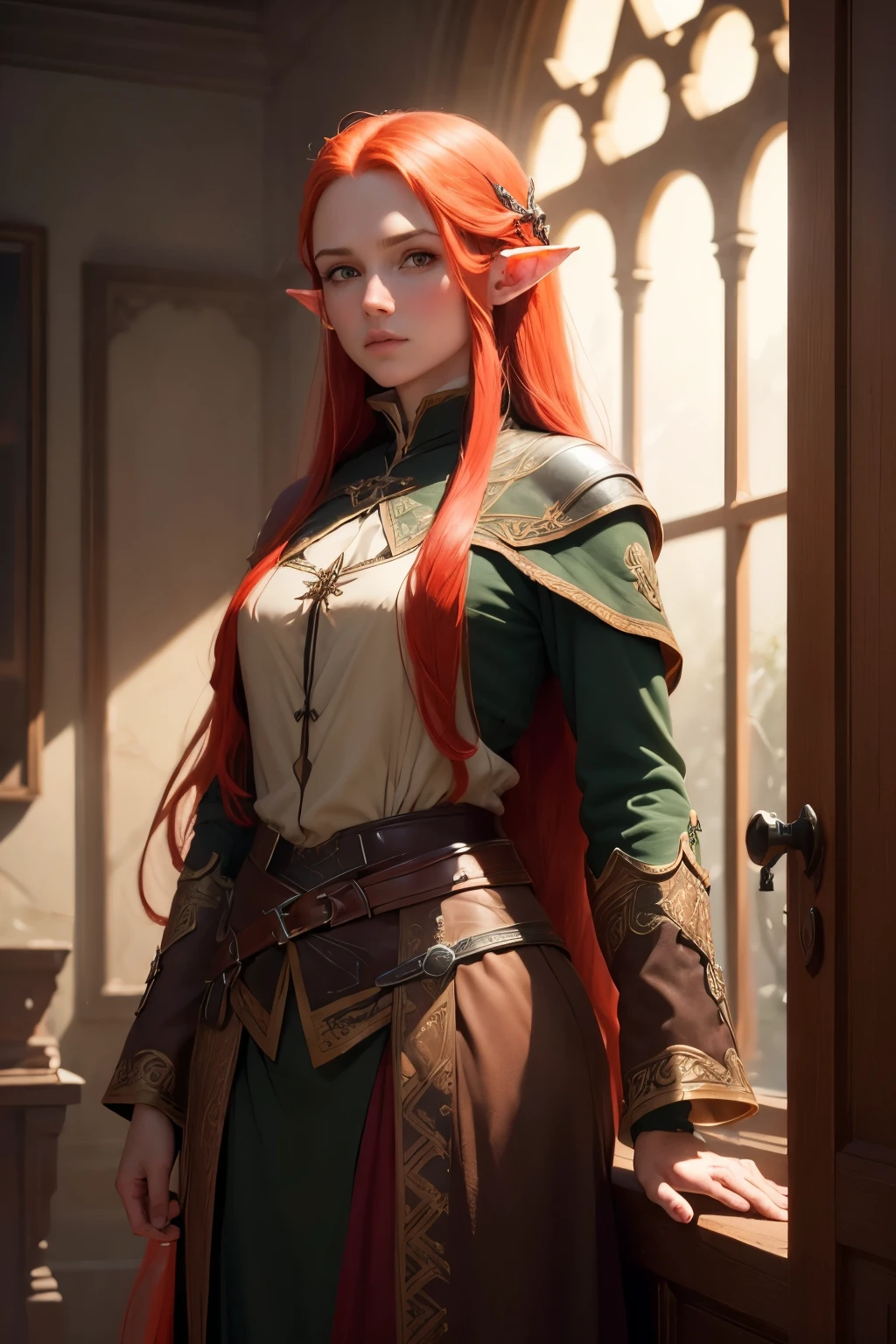 ((best qualityer)), ((work of art)), (detailded), 8K, 4K, hight contrast, work of art, 1 adventurous elf , long red hair, similar to the works of JRR Tolkien, clear lighting, detailed shadows 
