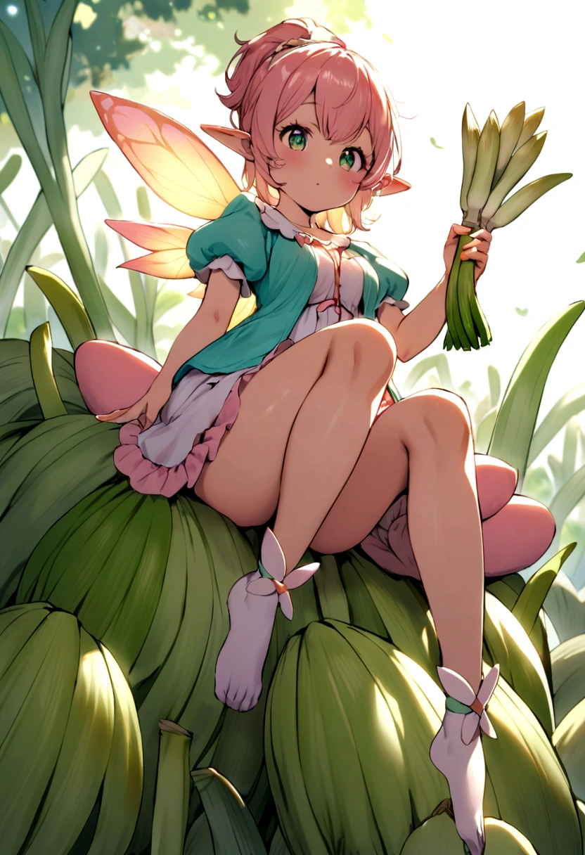 a  fairy flying over a pile of  Leek, holding one Leek on her hand