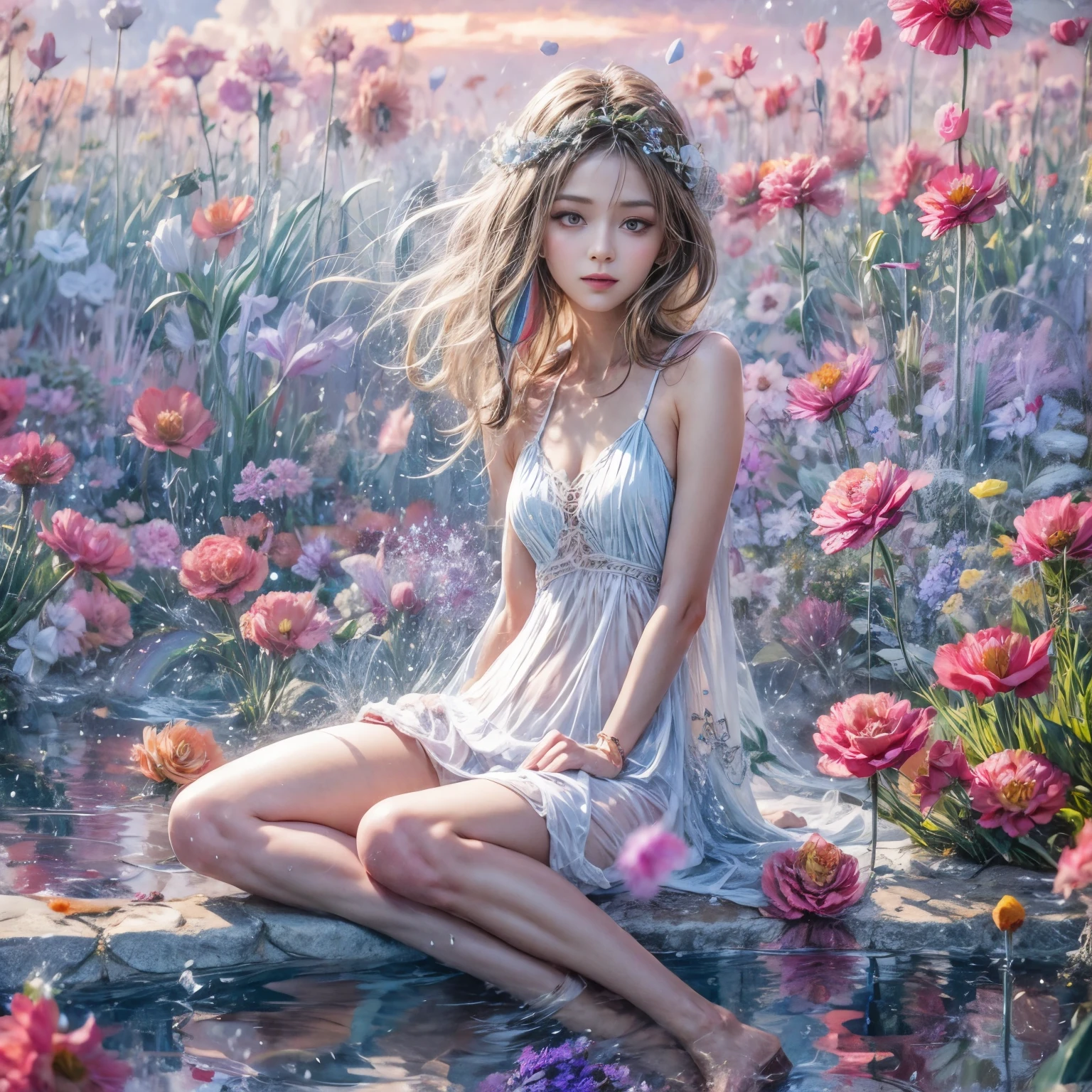Crimson, White in Pearly RainbowColors,ExtremelyDetailed(ProfessionalPhoto of Girl Floating in the Sky:1.37)ZoomLayer{Stunning|Mystic|GodRays|Haze}, 280th floor infinity pool, Tallest building in the urban forest {Carnation|Tulips|(Rose)}, (Masterpiece 8K TopQuality:1.2), (ExtremelyDetailed NOGIZAKA face and Eyes:1.37)ElaboratePupils with (SparklingHighlights:1.28) DoubleEyelids with Voluminous LongEyelashes RosyCheeks (Joyful Expressions LifeLike Rendering)MotionBlur BREAK (Acutance:0.77) PUNIPUNI impeccable Radiant PearlSkin with Transparency White(Skinny SchoolSwimwear) {(HiddenHand)|((Corrected BabyLike Hand))} Whole Body Proportions and all limbs are Anatomically Accurate, FlowerWreath WrappedBody Full of Flowers Covering girl's body {((Dazzling RainbowColorHorizon))|ColorfulSky|ColoredClouds|(Starly Particles)}(extra limbs:-1.4)(Not Detailed Face:-1.4)(Not Detailed Hand:-1.4)