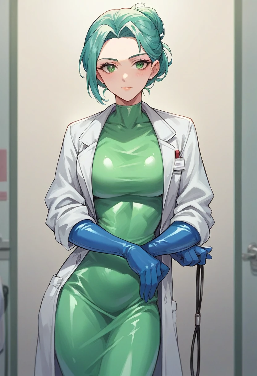 1girl, ((blue elbow gloves)), ((surgical gloves)), ((latex gloves)), ((long sleeves)) ((green surgeon outfit)), looking at viewer, ((doctor)), standing, solo