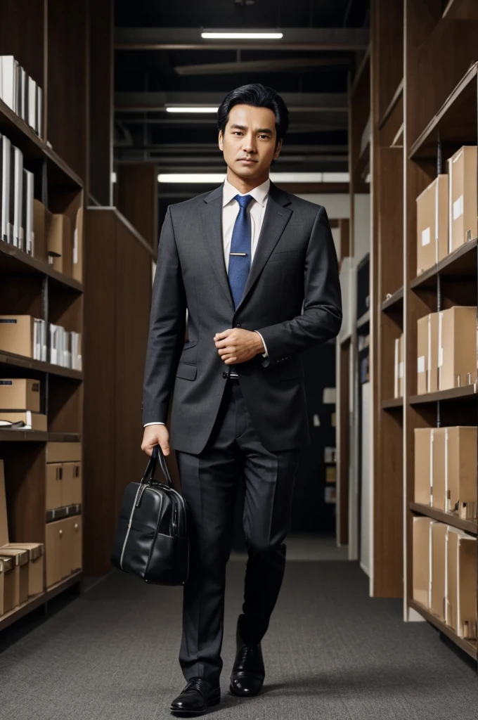 A man with shop building system that are Transfered in isekai with confused face, wearing offices suit, holding office bag, black hari, generate the photos like a novel cover