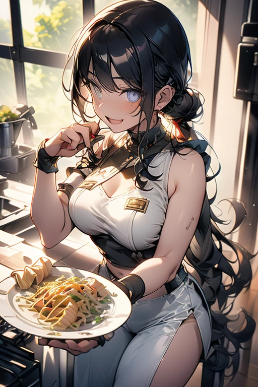 (dynamic angle:1.3, front view:1.1, breast focus:1.3, from above:1.1), (dynamic posing:1.2, sexy posing:1.2), (seductive smiling:1.3), ((holding Pasta on a plate,Taking the pasta out of the pan, worried about the outcome:1.2)),highest quality、(real、photorealistic:1.4),(ultra high resolution, 8K RAW photo, clear focus), best qualtiy, natural lighting, field depth, (Bright pupils, detailed beautiful eyes, high detailed face), Red lip, (tight focus:1.2), a girl 22yo old, Wearing a pastry chef uniform:1.3 , Thicc, thin breast, long hair, blue eyes,garter stocking, cleavage:1.2, midriff, black shorts, black thighhighs, thigh strap, pretty girl, (highly detailed beautiful face and eyes,firm breasts),real skin,((black,hair,long pony tail hair)),thin pubic hair,cute,lovely, detailed eyes,(double breasted:1.0,under bust:1.0),(with sparkling eyes and a contagious smile),open mouth, Looking at Viewer,A scene of make cooking Carbonara Pasta in the kitchen