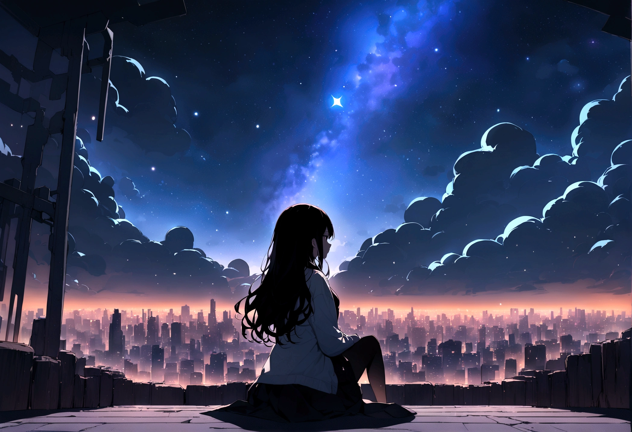 masterpiece,Octane, null, star (null), scenery, starry null, night, One girl, night null, alone, Outdoor, building, cloud, milky way, Sitting, wood, Long Hair, city, silhouette, cityscape,masterpiece,8K