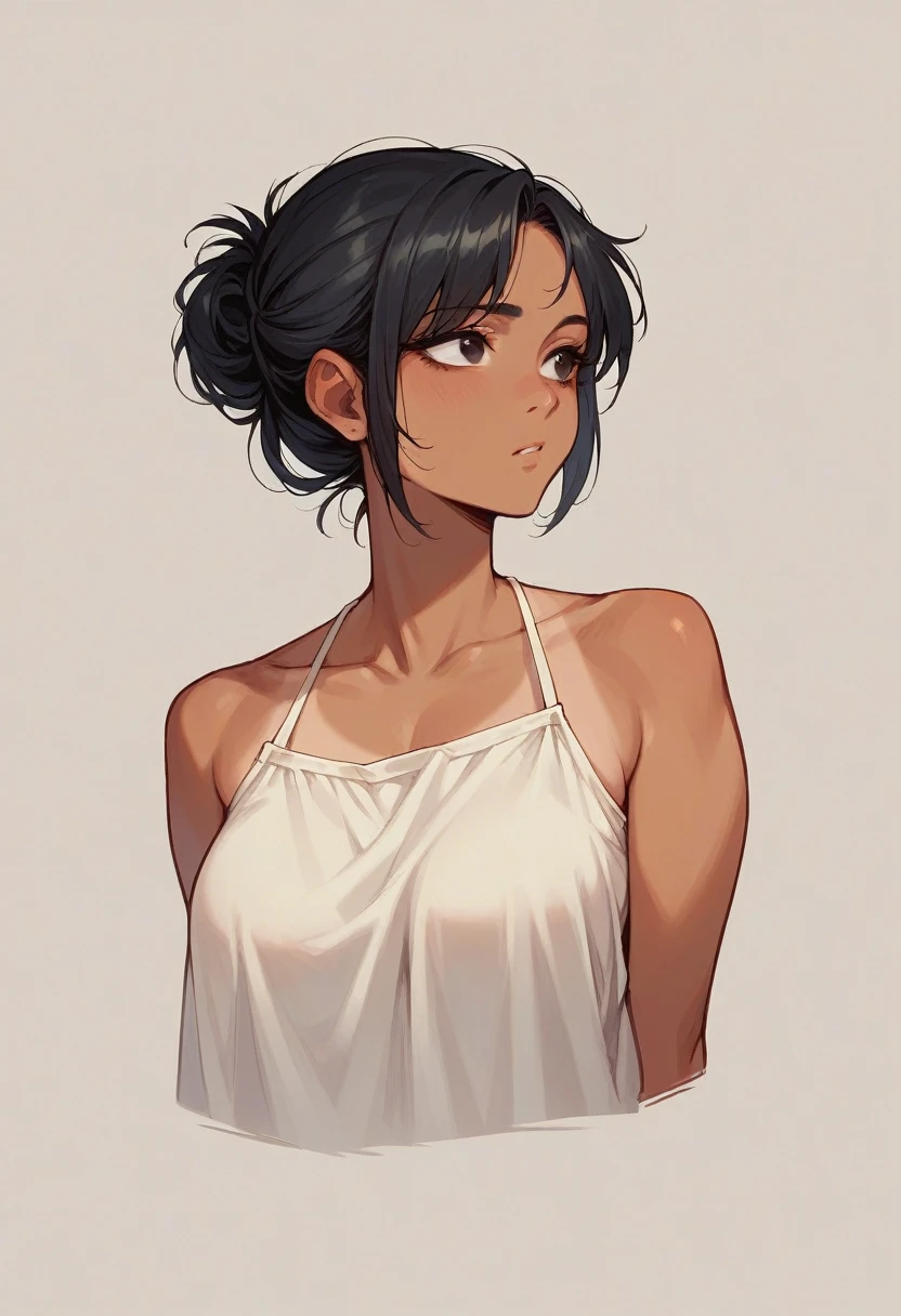 Beautiful tan girl with black eyes color, black hair color, with flat nose