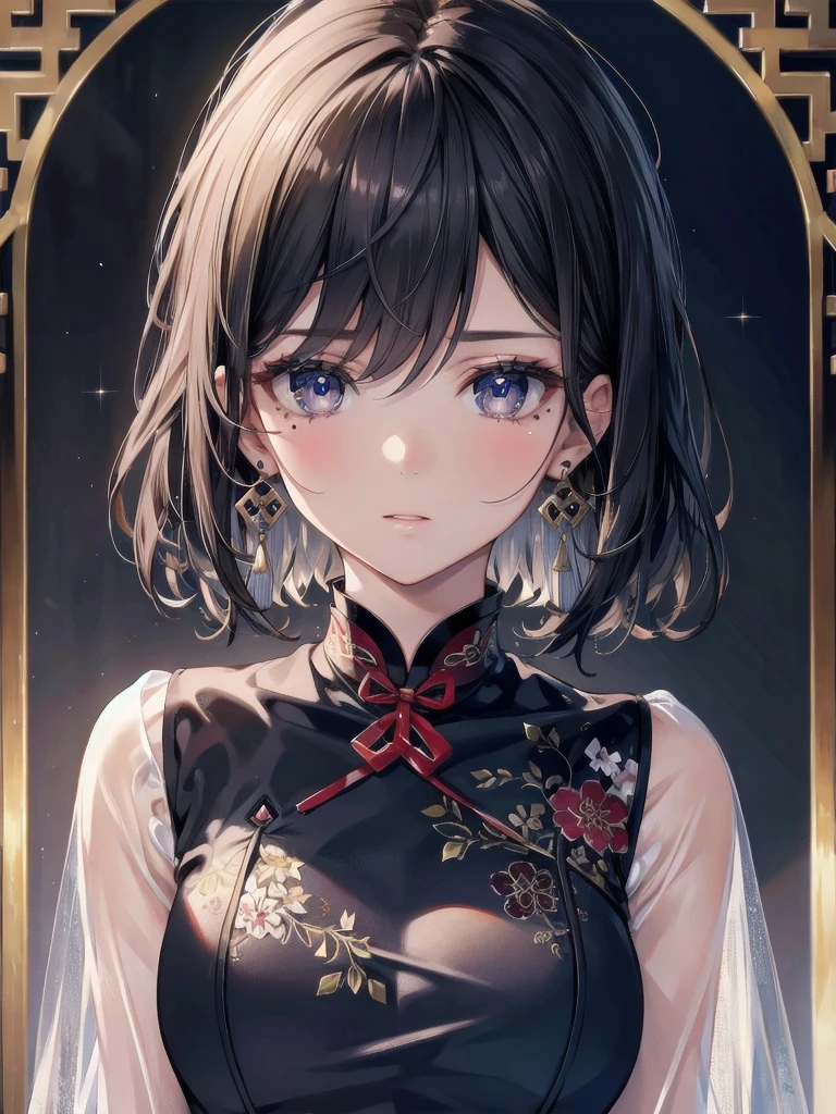 absurdres, RAW photo, extremely delicate and beautiful, masterpiece, Best Quality, ultra high resolution, 32k, hyperrealistic, ultra-detailed, in her 20s, delicate facial features, beautiful detailed girl, extremely detailed eyes and face, beautiful detailed eyes, tearful mole, earring, medium breasts, full body shot, shorter middle hair, black hair, cheongsam