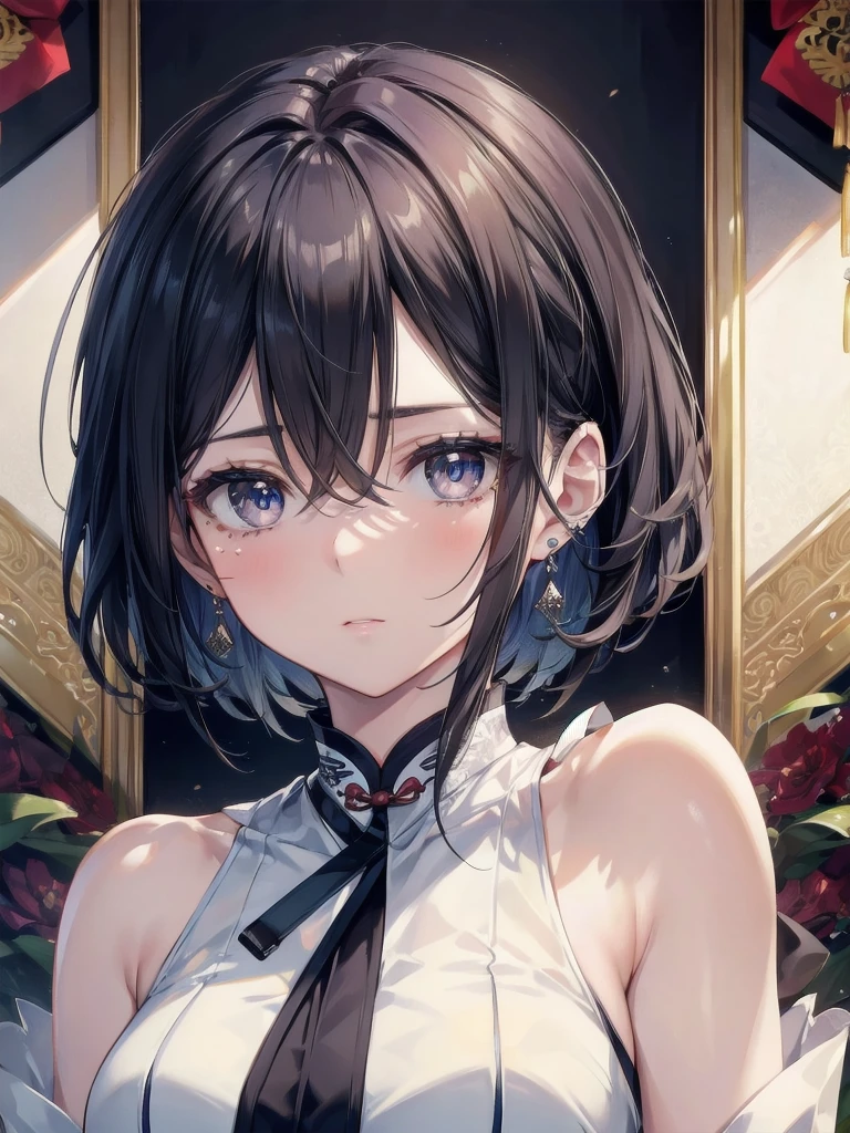 absurdres, RAW photo, extremely delicate and beautiful, masterpiece, Best Quality, ultra high resolution, 32k, hyperrealistic, ultra-detailed, in her 20s, delicate facial features, beautiful detailed girl, extremely detailed eyes and face, beautiful detailed eyes, tearful mole, earring, medium breasts, full body shot, shorter middle hair, black hair, cheongsam