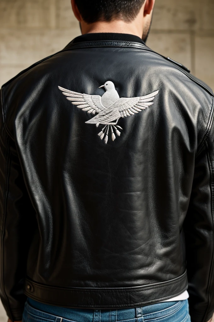 Man wearing a black leather jacket with a dove embroidered on the back and a text that says Dove Thursday