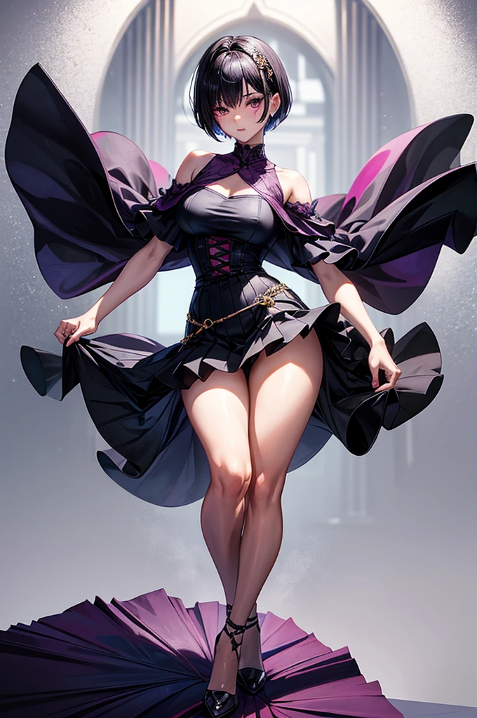masterpiece, best quality, distinct image, 1 girl, 16 year old teenager, off shoulder stylish crop blouse, pleated and elegant skirt, knee length stockings, solo. sharp facial features, oval shaped face, cherry pink lip, lightly tanned white skin, velvet-colored eyes, tall height(175cm), slim yet chiseled body-type, dark violet-black hair, short pixie cut hairstyle, long and slender legs, curvy wide hips stretching the dress, full body image, nightlife city background, overlooking the horizon