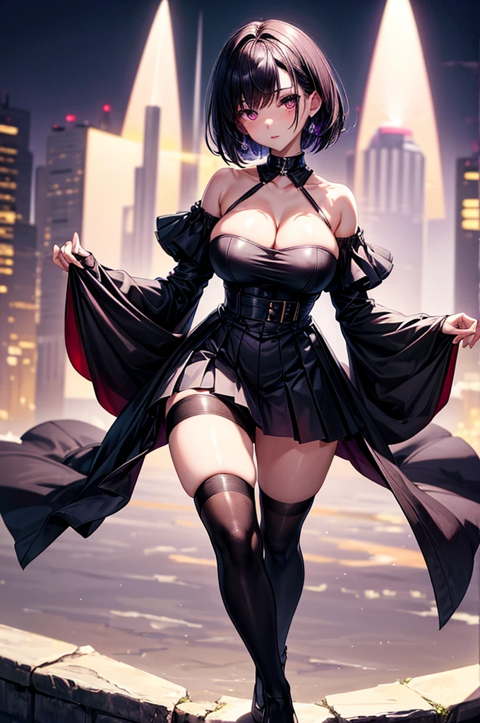 masterpiece, best quality, distinct image, 1 girl, 16 year old ager, off shoulder stylish crop blouse, pleated and elegant skirt, knee length stockings, solo. sharp facial features, oval shaped face, cherry pink lip, lightly tanned white skin, velvet-colored eyes, tall height(175cm), slim yet chiseled body-type, dark violet-black hair, short pixie cut hairstyle, long and slender legs, curvy wide hips stretching the dress, full body image, nightlife city background, overlooking the horizon